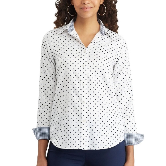 Women’s Chaps Button Down Dress Shirt, No Iron, Navy and White - Small - Picture 1 of 8